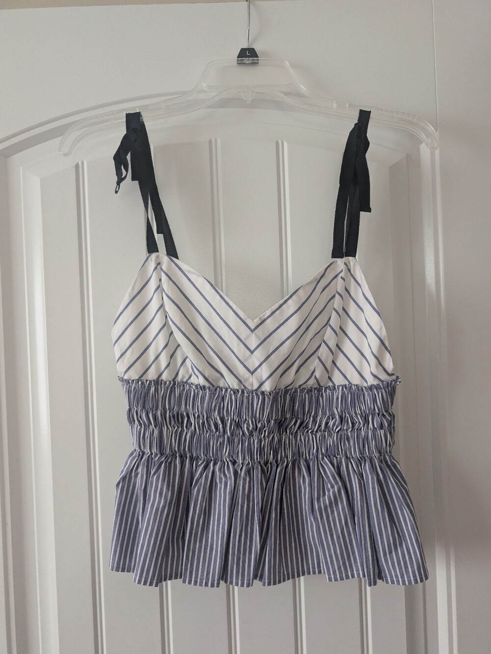 Size Small Striped Smocked Peplum Cami Top in White and Black